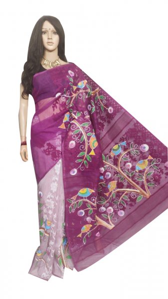 White and Purple hand painted full body work jamdani silk saree